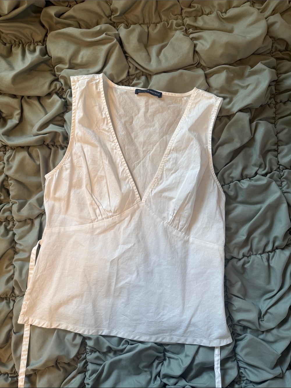 Brandy Melville White V-Neck Cotton Poplin Tie Top